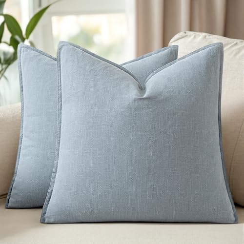 Image of 18x18 Inch Set of 2 Decorative Linen Solid Throw Pillow Covers Boho Accent Farmhouse Couch Pillowcases Modern Netural Home Decor for Couch Sofa Living Room Bed,Light Blue