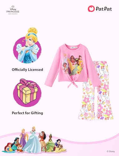 Image of Disney Frozen Princess Minnie Stitch Girl Clothes Long Sleeve Knot Front Sweatshirt Flare Pants Fall 2 Piece Outfit 2-9Y