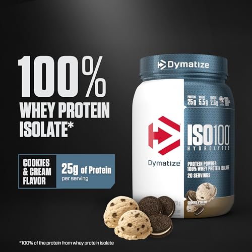Dymatize ISO100 Whey Protein Powder Isolate, Cookies & Cream, 25g of Protein, 5.5g BCAAs, Less Than 120 Cal., Gluten Free, 1g Fat, 1g Sugar, 2g Carb (20 Servings)