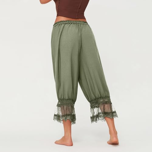 Image of KOSUSANILL Women Long Bloomer Pants Lace Trim Ruffle Pantaloons Cropped Lounge Pajama Bottoms Y2K Capri Pettipants