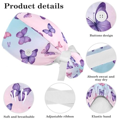 Image of Butterfly Scrub Cap Women with Ponytail & Buttons Adjustable Surgical Nurse Hat with Cotton Sweatband for Long Hair