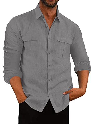 AUDATE Freizeithemd Herren Baumwolle Leinen Hemd Langarm Strand Hemden Shirts Tasche Grau XL