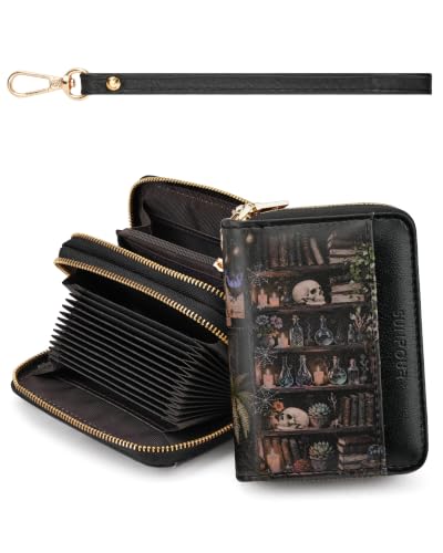 Image of Bookshelves Skulls Credit Card Holder for Women,Accordion Wallet