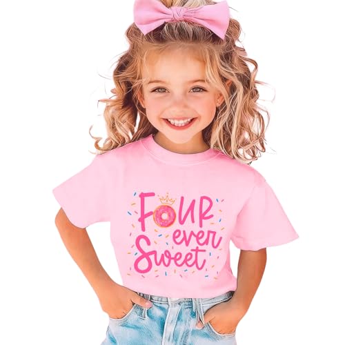 MULOIUDZ Girls Birthday Shirts 4th Four Ever Sweet T-Shirts Crown Donut Birthday Outfit 4 Years Old Tees B-Day Party Tops(Pink 4th)