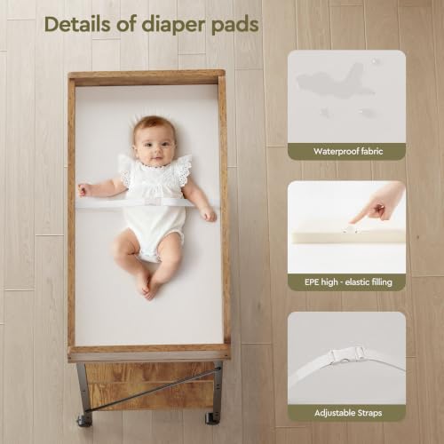 Image of Baby Changing Table, Diaper Station with Pad, 2-Tier Shelves, Rustic Brown