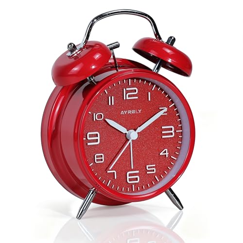 Image of AYRELY Super Loud Alarm Clock for Heavy Sleepers Adults,Twin Bell Retro 4 Inch Silent Non-Ticking Quartz with Backlight, Metal dial, Alarm Clocks for Bedrooms Bedside(3D Dial - Red)