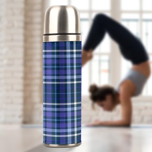 Plaid Blue Indigo Stainless Steel Vacuum Insulated Bottle Double Wall Thermo Mugs Flask Beverage Coffee Bottle Checked Insulated Travel Mug with Cup for Hot And Cold Drinks 17 Ounce