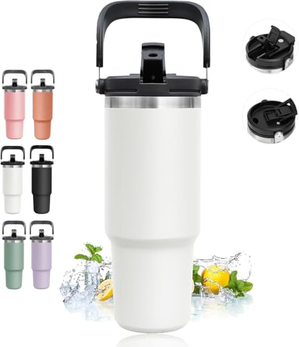 Image of 900ml Tumbler with Handle and Straw Stainless Steel Double Wall Insulated Tumblers Cup, Coffee Mug Travel Icold up 17h - Hot 12h Tumbler for Car Office Gym Travel (White)