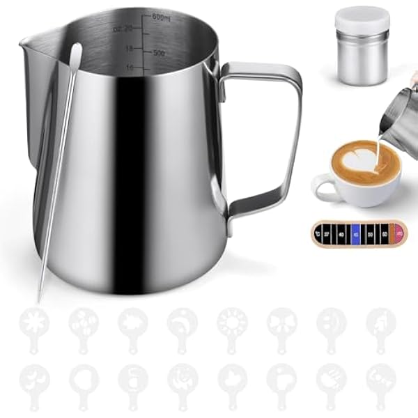 HOTUT Dzbanek do spieniania mleka, 600 ml, dzbanek na mleko ze stali nierdzewnej, do ekspresu do kawy, dzbanek do spieniania z dekoracyjnym długopisem, szablonami do kawy, shakerem do czekolady, do