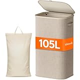 Lifewit 105L Wäschekorb mit Deckel, hoher Wäschekorb mit Kunststoffrahmen, faltbarer großer Wäschekorbsammler, Wäschekörbe für Schlafzimmer, Bad, Beige