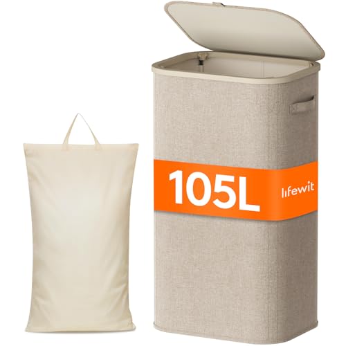 Lifewit Wäschekorb mit Deckel, 105L Wäschesammler mit Kunststoffrahmen, faltbarer großer Wäschesortierer, Wäschebox Laundry Baskets für...