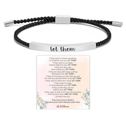 Let Them Tube Bracelet for Women, Self Worth Motivation Bracelet Adjustable Braided Rope Handmade Engraved Bracelet Stainless Steel To My Daughter Inspirational Jewelry Gifts for Women Best Friend (Let Them-Black&Silver)