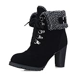MIOKE Women's Winter Fur Ankle Boots Lace Up Round Toe Cuff Chunky Block High Heel Warm Dressy Short Booties