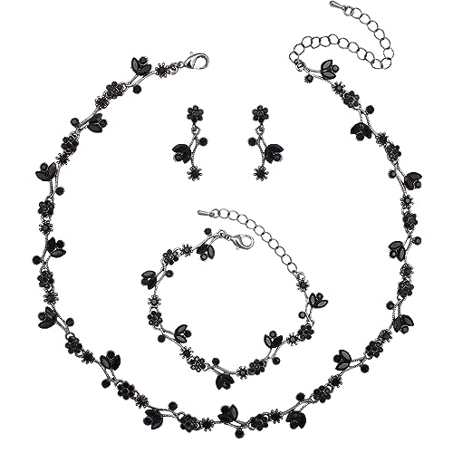 Elegant Brides Austrian Crystal Flower Choker Necklace Drop Dangle Earring Bracelet Wedding Jewelry Set for Bridesmaid Prom Costume Jewelry Set for Women (Black-Jet)