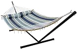 HENG FENG 2 Person Double Hammock with 12 Foot Portable Steel Stand and Curved Bamboo Spreader Bars, Detachable Pillow, Quilted Fabric Bed, Blue & Aqua