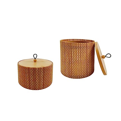 Gekkoli 2er-Set Bamboo Storage Boxes/Baskets with Lids - Round/Rectangle - Small - Brown - Organiser for bathroom, living room, kitchen (round Φ12xH7 & Φ12x11.2 cm) (GEK-005)