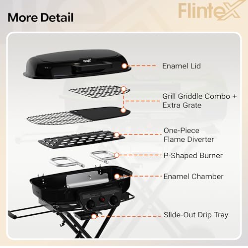 Image of Flintex Portable Propane Gas Grill, 2-Burner Foldable BBQ Grills, 2-in-1 Outdoor Camping Griddle Combo for Travel Tailgating, Black