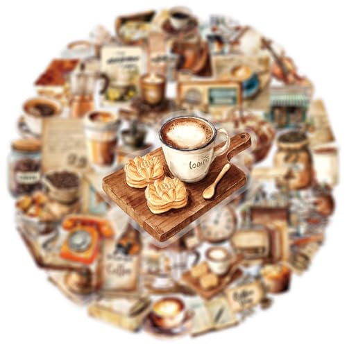 Image of 50 PCS Retro Coffee Stickers for Scrapbooking Journaling Junk Journal Scrapbook Supplies - Waterproof Transparent PET Aesthetic Decals for Resin Crafts Decorative Art Crafts (Retro-3)