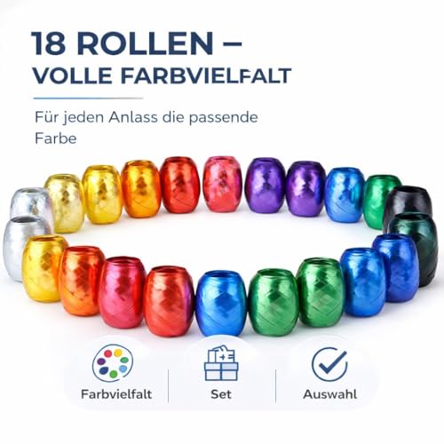 18er Ringelband Set mit bunten Farben je 20 Meter - Geschenkband Kräuselband - Geschenk Bänder - zum Dekorieren & Verpacken von Geschenken - Weihnachten & Advent
