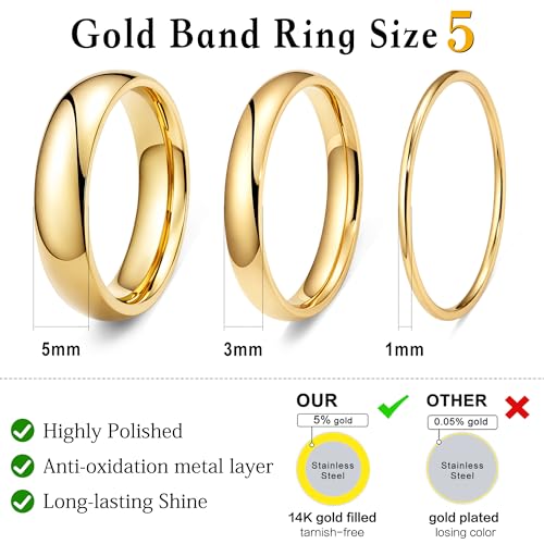 Size 5 Gold Wedding Promise Engagement Band Rings for Women, Non Tarnish 14K Gold Plated Anillos for Stacking, Thin Dome Bands Set Comfort Fit 3Pcs 1mm 3mm 5mm by Poxtex - Used condition - Image 5