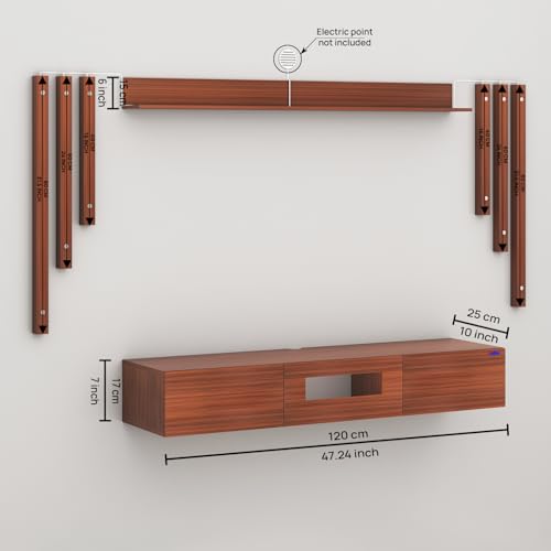 Image of Anikaa LucenNote Engineered Wood Wall Mount TV Unit with Acrylic Blue LED Storage Box, Wooden Accent Spotlight Panels for Living Room, Fits Up to 50 Inch TV, Walnut DIY Installation