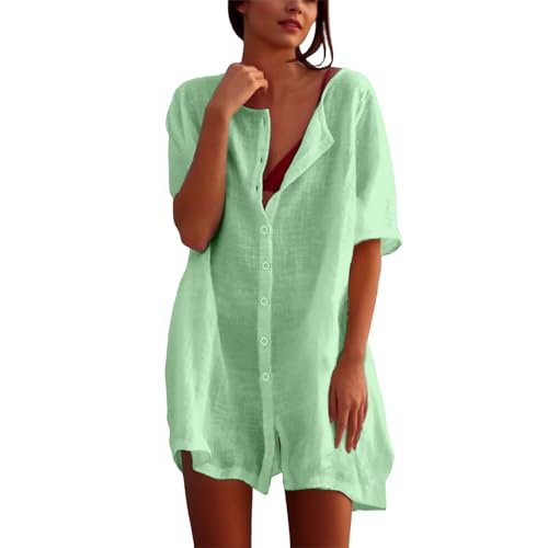 Strandkleid Damen Luftig Strandkleider Sommer Strandtunika Baumwolle Bikini Cover Up Strandponcho Große Größen Rund Ausschnitt Knopfleiste Kurzarm...