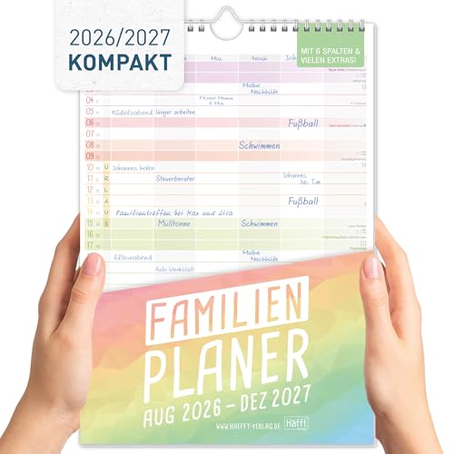 Häfft Kompakter Familienkalender 2026/2027 mit 6 Spalten Familienplaner für 17 Monate August 2026 bis Dezember 2027 Rainbow mit Feiertags - und Ferienübersicht für DE & AT