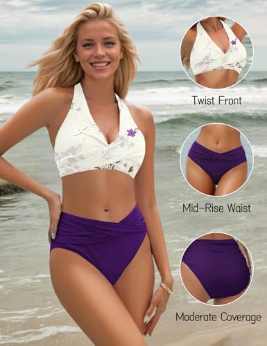 Image of Sopliagon Women's Bikini Sets Twist Front Two Piece Swimsuit Halter Bathing Suit