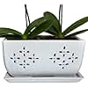 Sanmudecor Ceramic Orchid Pot with Drainage Holes and Tray, White Rectangular Planter with Floral Cutout Design, 10 Inch Flower Pot