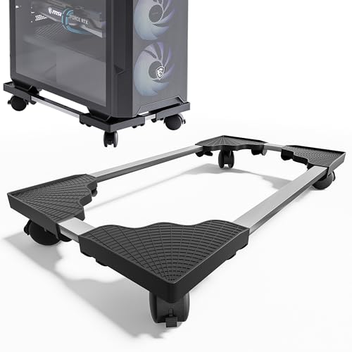 CPUスタンド キャスター付き デスクトップPC 置き台 掃除しやすい 耐荷重75kg 幅25-37cm×長さ43-57cm無段階調整 ロック付き 静音キャスター 通気設計 タワーケース対応 ブラックの商品画像（Amazon）