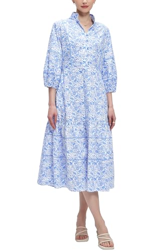 D-Sun Women Floral Maxi Dress Elegant Printed Button Down 3/4 Puff Sleeve Tiered A-Line Flowy Party Long Dress with Pocket