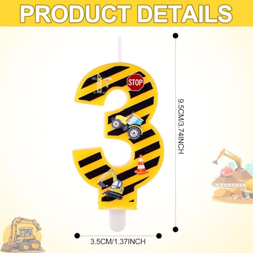 Construction Birthday Candle, Happy Birthday Candles Numbers Cake Topper Yellow and Black Striped Candles for Boys Construction Party Supplies Decorations (Number 3)