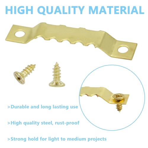 Image of 100 Pack Small Metal Sawtooth Picture Hangers with 200 Screws for Hanging Decor Wooden Photo Frames, Clock, Paintings Art Crafts Works and DIY Projects (Gold)