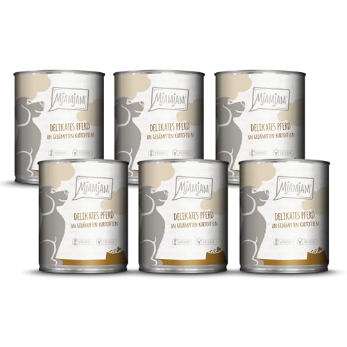 MjAMjAM - Premium Nassfutter für Hunde - delikates Pferd an gedämpften Kartoffeln, 6er Pack (6 x 800g), getreidefrei mit extra viel Fleisch