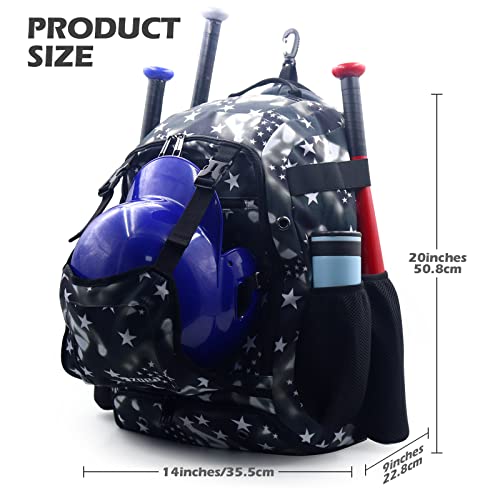 Zoea Baseball Bat Bag Backpack, T-Ball & Softball Equipment & Gear For Youth And Adults, Large Capacity Holds 4 Bats, Helmet, Gloves, Cleats,Shoes Compartment & Helmet Holder (Star Black) #TOP2