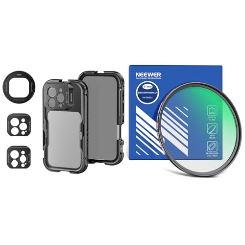 NEEWER PA073 16 Pro Cage, Video Rig Phone Stabilizer Compatible with iPhone 16 Pro with 67mm Filter Adapter, 17mm Lens Backplate, T Mount Lens Adapter, 67mm Black Diffusion 1/4 Filter Included