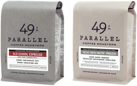 49th Parallel Coffee Roasters - Gourmet Coffee 2 Pack - Old School Espresso Whole Beans and Swiss Water Decaf Espresso Whole Beans