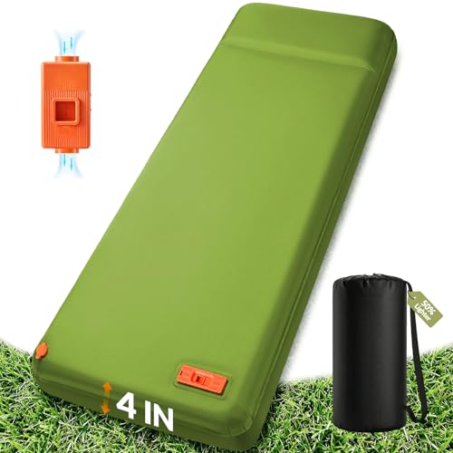 Self Inflating Foam Sleeping Pad with Electric Pump, 4" Ultra-Thick Memory Foam Camping Air Mattress, 9.5 R-Value 4 Season Camping Mattress Pad with Built-in Pillow, Camping Gear for Tent Travel Car