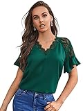SheIn Damen Elegant Spitzen Blusen Kurzarm Oberteil Volant Ärmel Spitzenshirt Tunika Dirndlbluse mit V-Ausschnitt Dunkelgrün L