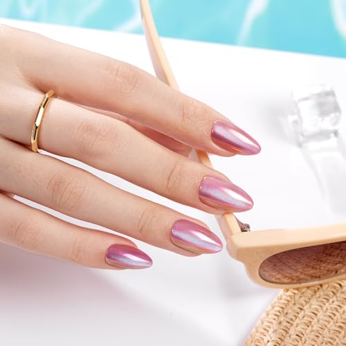 VSALON Press on Nails Short Almond - Pink Cat Eye Chrome Fake Nails Kit for Women, Spring Reusable Aurora Effect Opaque Holographic Summer Glue on Nails - 32 PCS Stick On Nails in 16 Sizes