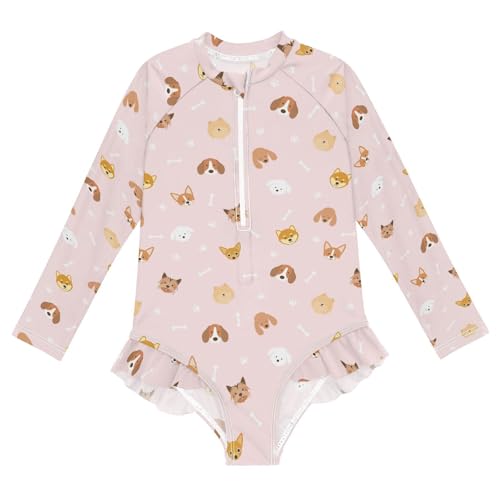 Girls Swimsuit Cute Dog Paw Bone Pink Long Sleeve One Piece Bathing Suit for Kids UPF 50+ Rash Guard Swimwear 3-12