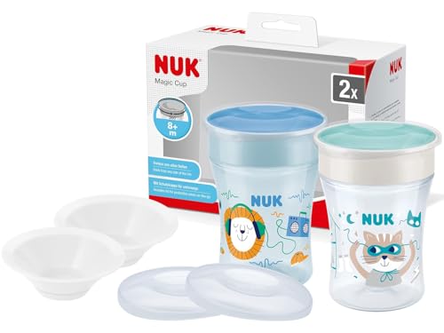 NUK Magic Cup 2er Set – Löwe & Katze, 230ml + 2 Ersatzdeckel & 2 Trinktüllen – BPA-frei, auslaufsicherer Baby Trinkbecher