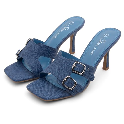 Image of Shoe Land Melrose Women's High Heels Stiletto Heeled Slides, Square Open Toe One Band Slip-On Heeled Mules - Dressy Clear Heeled Sandals for Prom Party Wedding and Vacation