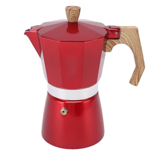 OEBUAFI Italiana para Estufa, Expreso Moka, 6 Tazas, Aleación de Aluminio Roja con de Madera para el Hogar y el Camping (Capacidad para 6 tazas.)
