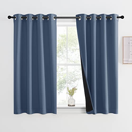 NICETOWN 100% Blackout Curtain with Black Liner, Thermal Insulated 2-Layer Lined Drape, Room Warming Small Window Drapery for Dining Room (Stone Blue, 1 Panel, 46 inches W by 54 inches L) St