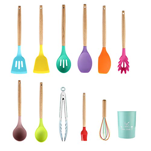 Caliamary Cooking Utensil Set, 11 Pieces Non-stick Heat Resistant Kitchen Silicone Utensils with with Holder, Wooden Handles, Turner Tongs Spatula Spoon Whisk Brush Kitchen Gadgets Set (Colorful)