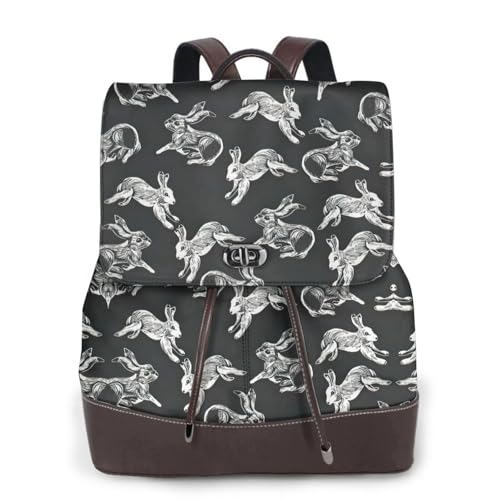 Sac à dos ordinateur portable en cuir noir imprimé lapin pour campus et voyage