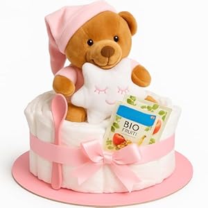 Windeltorte Mädchen in Rosa – Handgefertigtes Baby Geschenk zur Geburt & Taufe mit Kuscheltier, Pampers, Glückwunschkarte – Baby Windeltorte zur Babyparty Geschenkidee