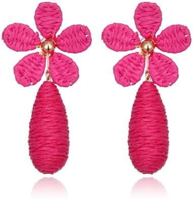 RUOFFETA Raffia Flower Pendant Earrings, Handmade Floral Raffia Statement Drop and Dangle Earrings Summer Tropical Beach Jewelry