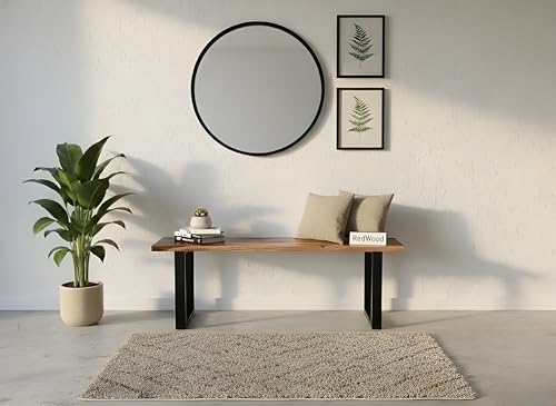 Image of REDWOOD Solid Sheesham Wood 3 Seater Bench for Living Room | Wooden Dining Bench Without Cushion for Home | Patio Outdoor & Balcony Seating Furniture | Black Coated Iron Metal Legs| Brown